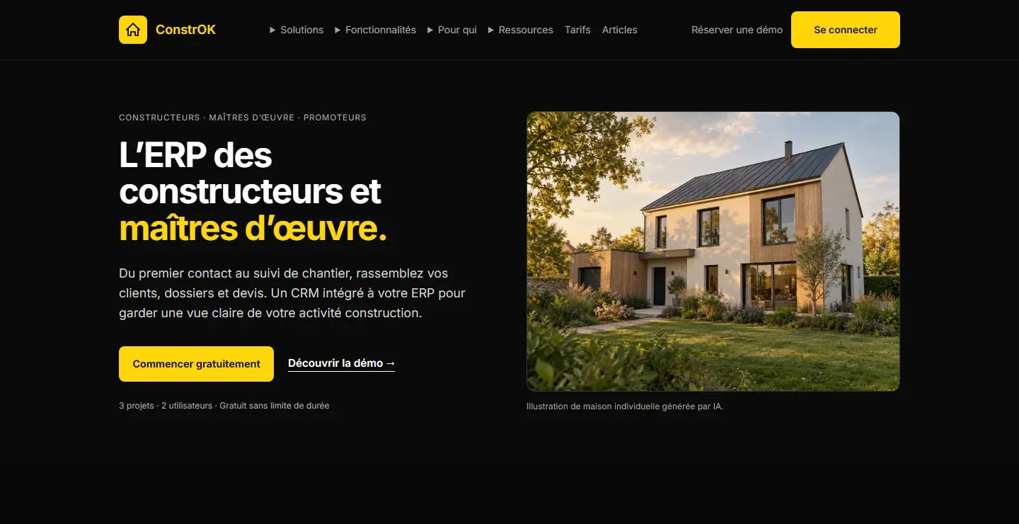 Capture du site : L’ERP des constructeurs et maîtres d’œuvre : page d’accueil