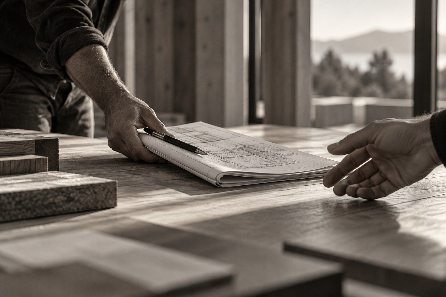 Plans pliés et stylo glissés sur une table vers la main d’une autre personne