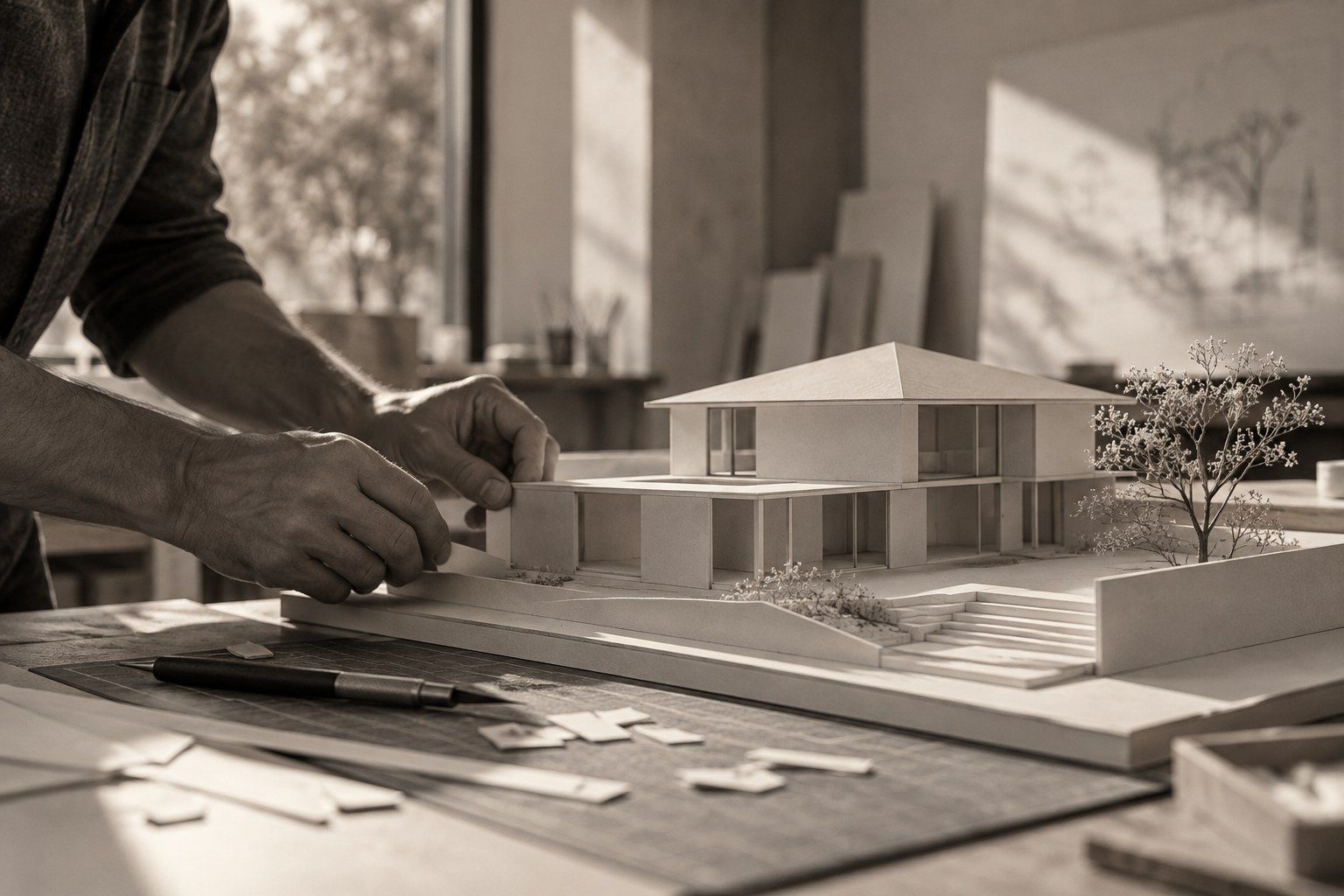 Mains ajustant une maquette blanche de maison sur une table, cutter et chutes de carton à côté
