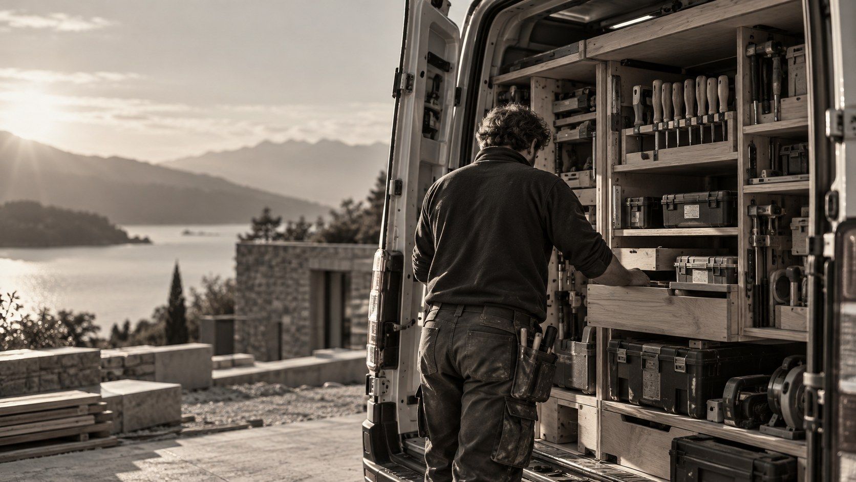 Artisan de dos devant les portes ouvertes de son fourgon, outils rangés sur des étagères