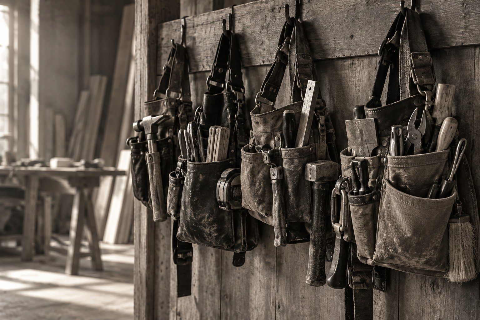 Ceintures porte-outils de plusieurs métiers accrochées côte à côte dans un atelier
