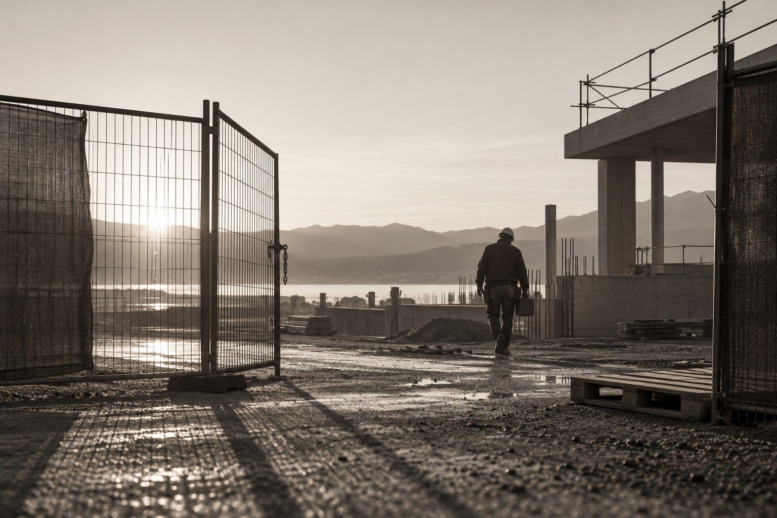 Entrée d’un chantier au petit matin, barrière à demi ouverte et ouvrier de dos