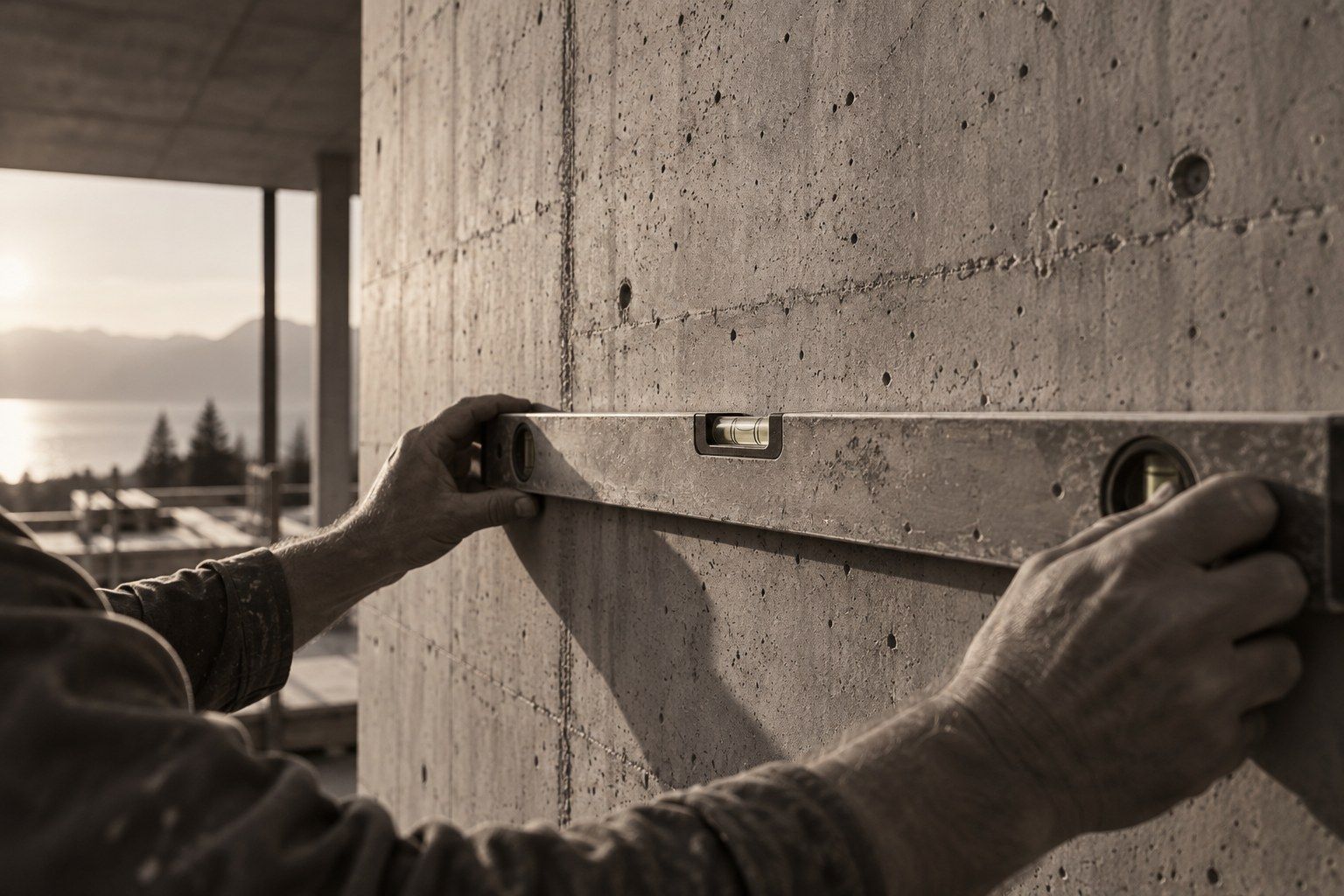 Niveau à bulle tenu à plat contre un mur de béton fraîchement décoffré