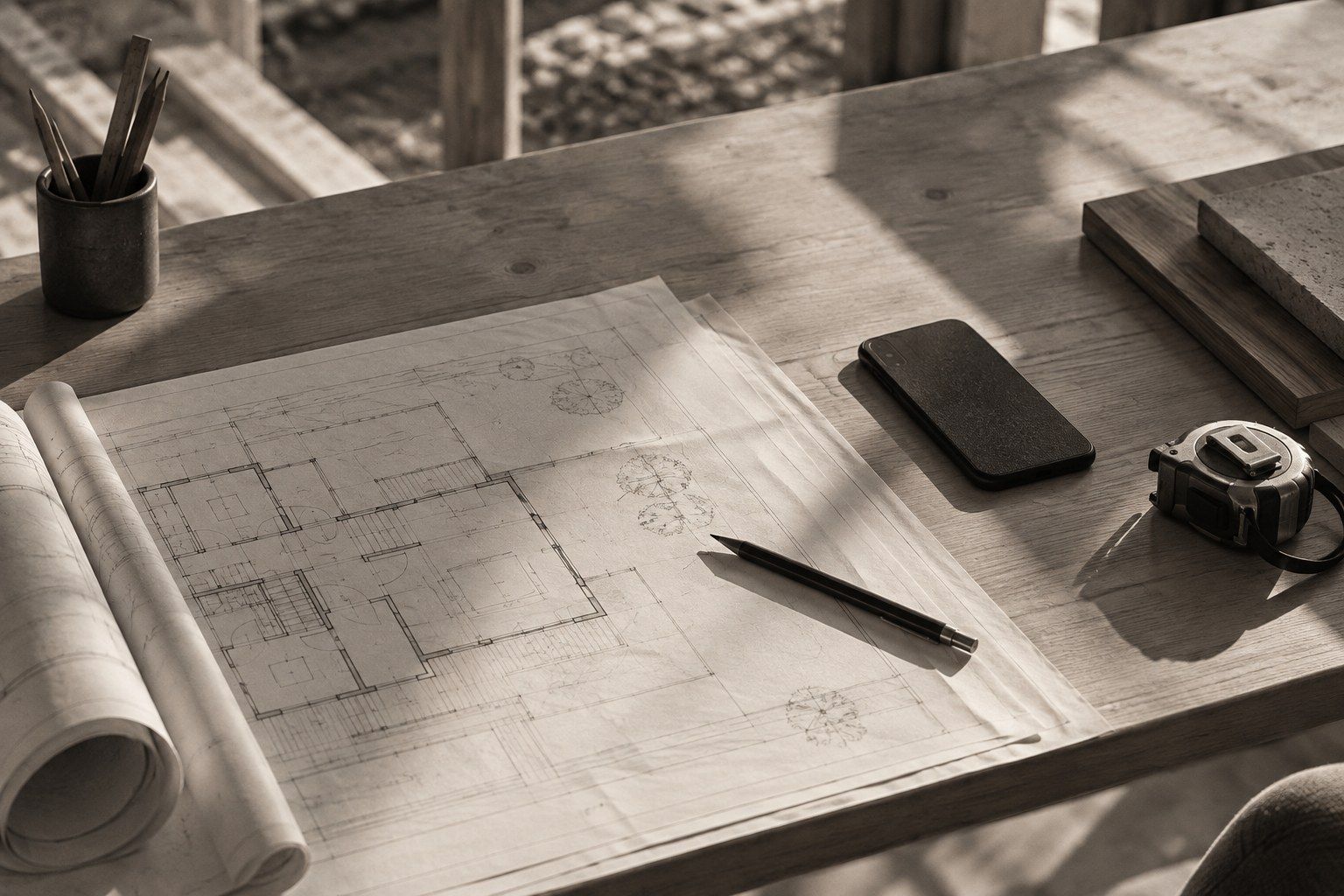 Table de bureau de chantier vue de dessus : plan, téléphone retourné, crayon et mètre ruban