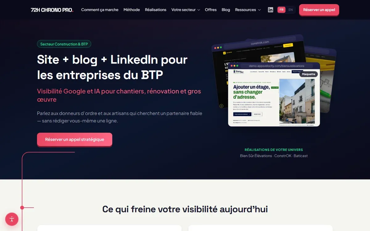 Capture du site : Site, blog et LinkedIn pour les entreprises du BTP