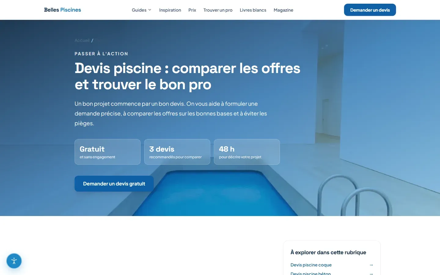Capture du site : Devis piscine : comparer les offres et trouver le bon pro