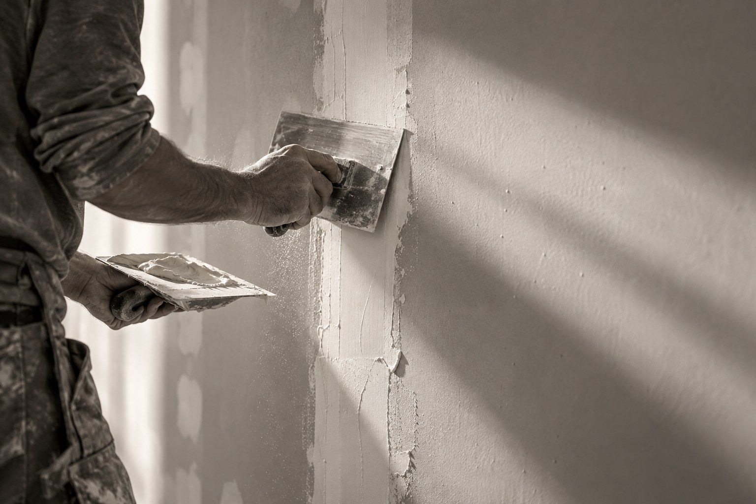 Mains d’un plaquiste lissant l’enduit d’un joint de plaque de plâtre au couteau