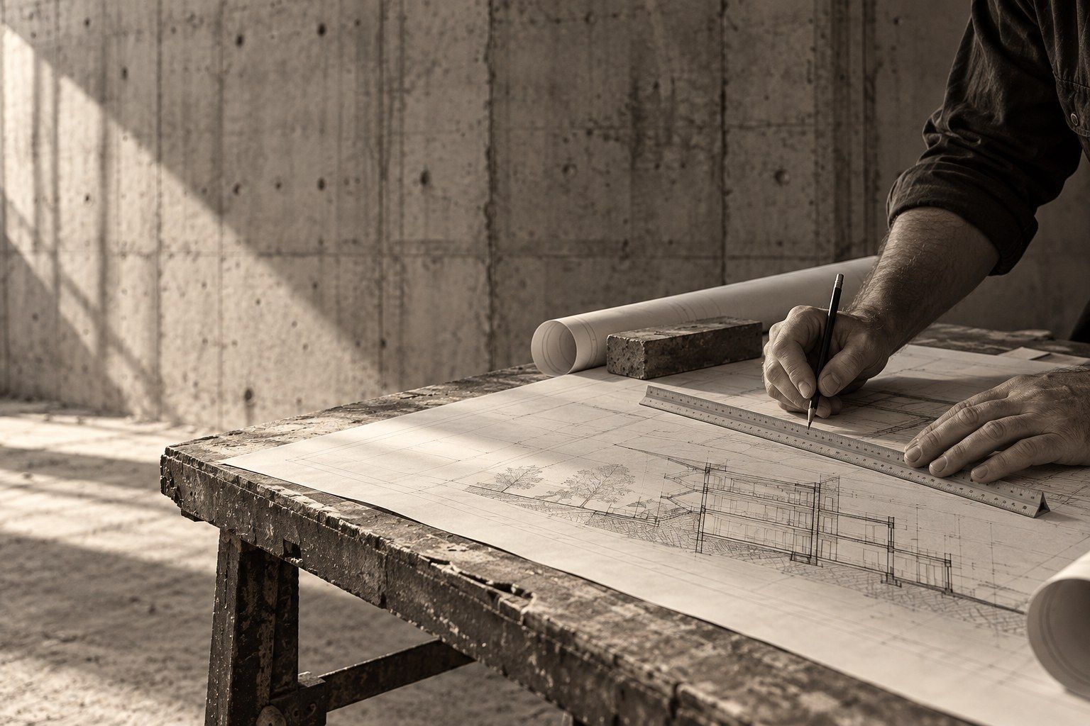 Mains d’un architecte traçant au crayon sur une grande coupe de bâtiment, règle triangulaire posée sur le plan