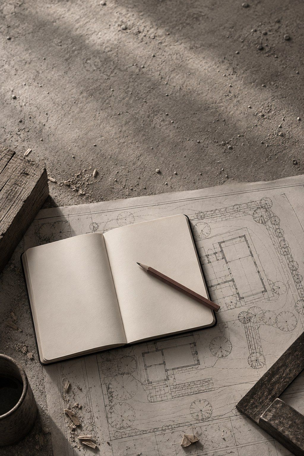 Carnet de chantier ouvert sur un plan, crayon de charpentier en travers