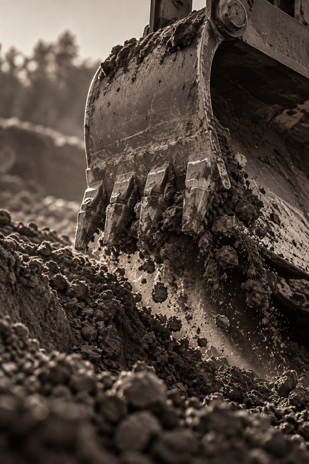 Dents d’un godet de pelleteuse mordant une terre brune, mottes qui retombent