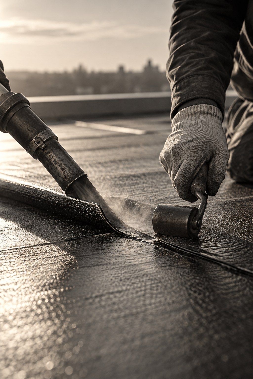 Membrane d’étanchéité de toiture-terrasse soudée à la flamme, main gantée pressant le joint au rouleau