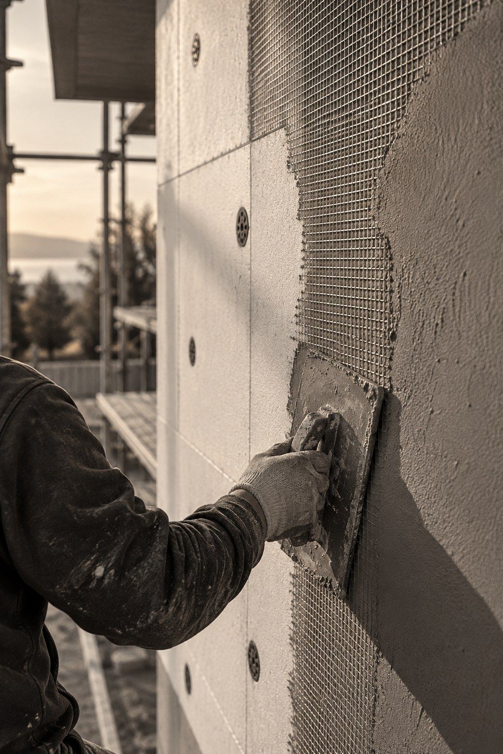 Isolant de façade recouvert d’une trame d’armature et d’enduit frais, taloche à la main