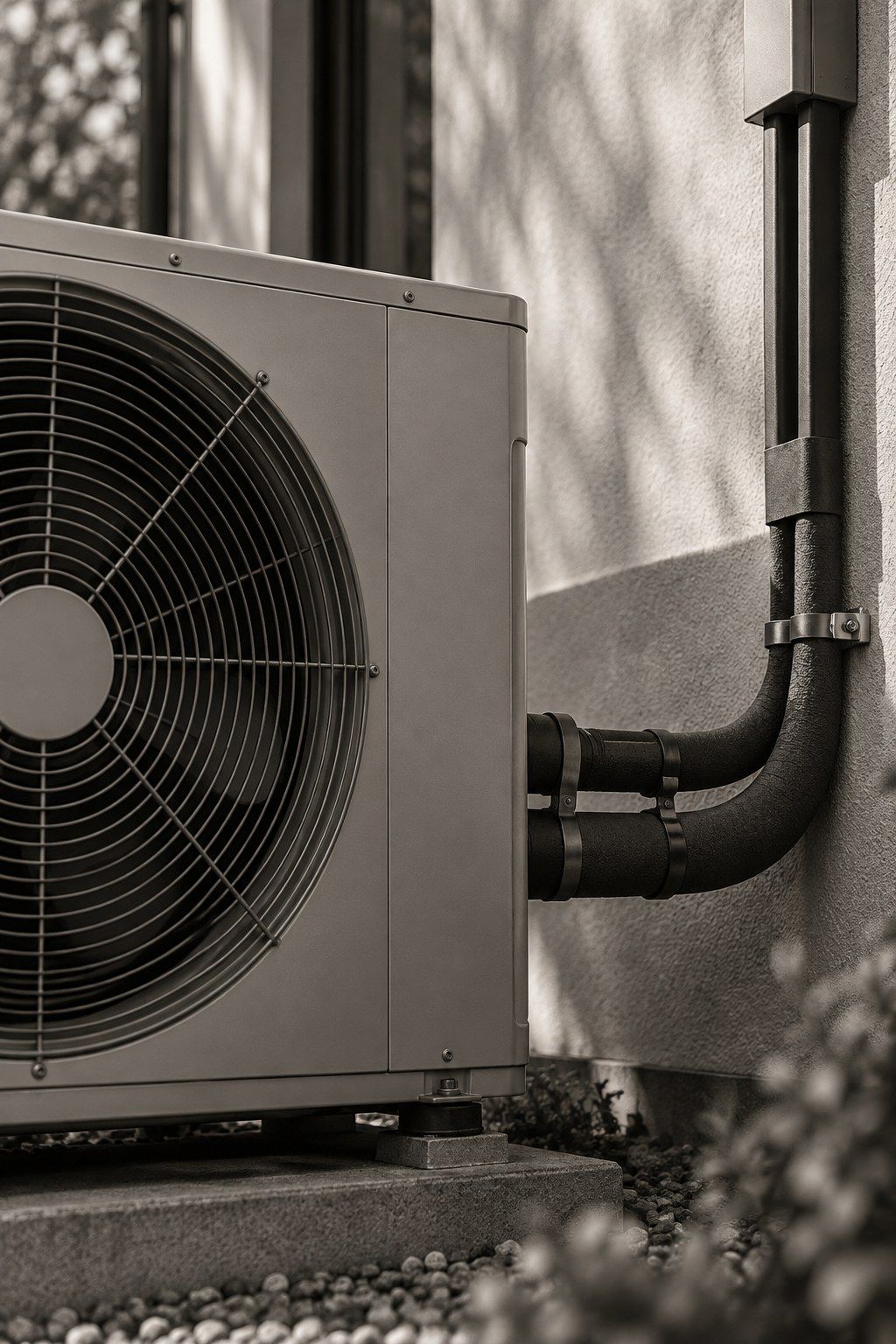 Grille de ventilateur d’une unité extérieure de pompe à chaleur et liaisons frigorifiques isolées