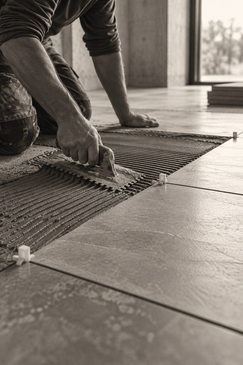 Grands carreaux de sol posés sur une colle peignée à la spatule crantée, croisillons dans les joints
