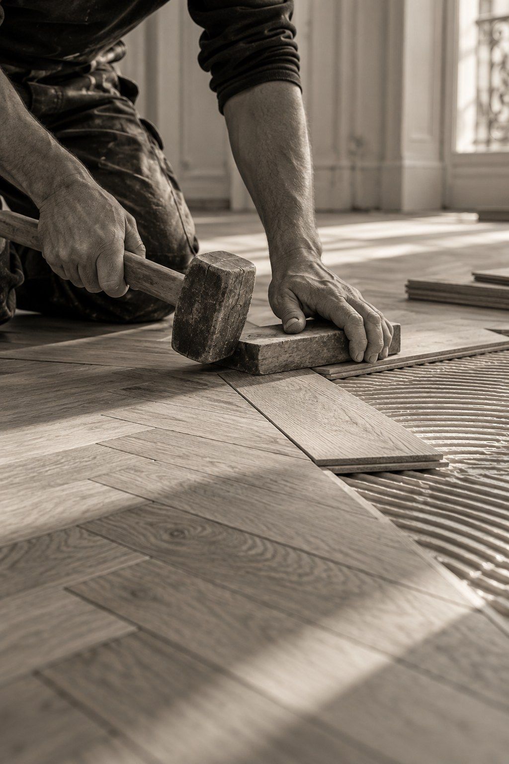 Pose d’un parquet en chêne au maillet, une lame à moitié en place