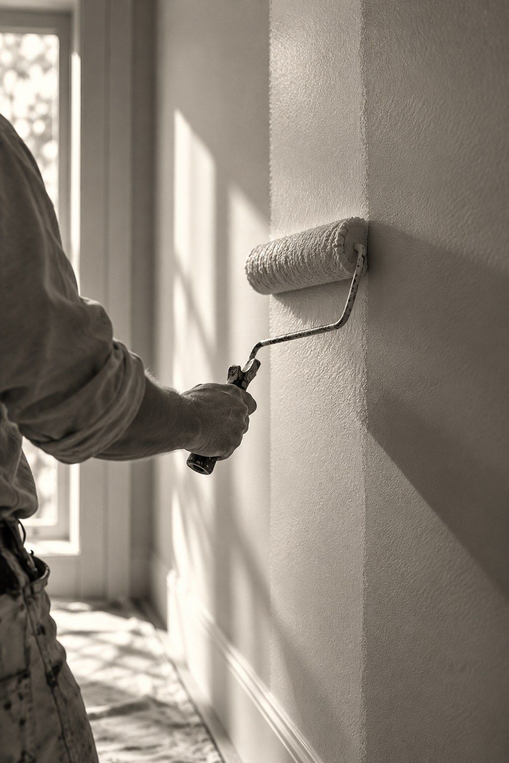 Rouleau laissant une bande de peinture fraîche sur un mur lisse, lumière rasante