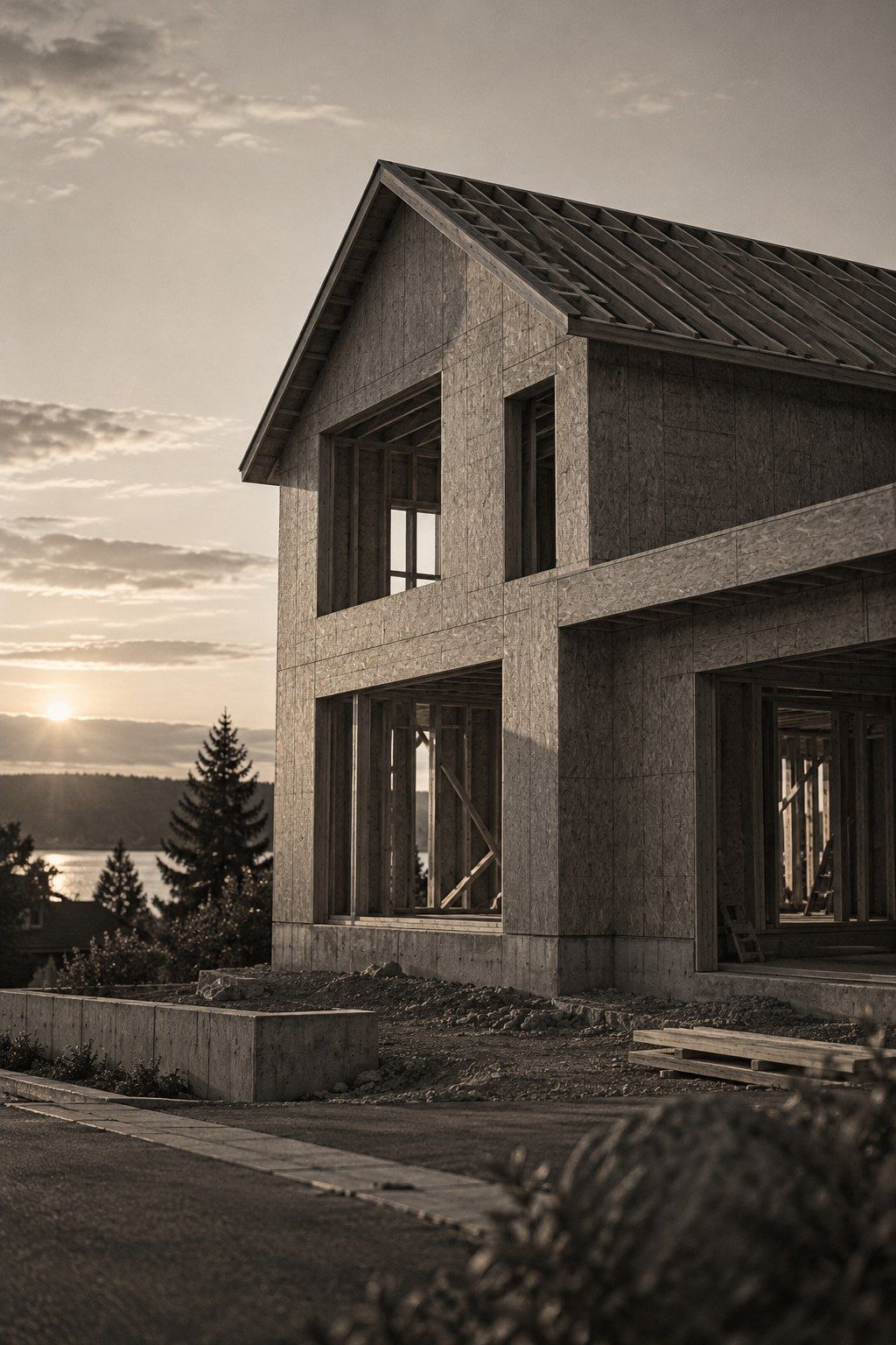 Maison individuelle en construction au crépuscule, murs et toiture montés, ouvertures encore vides