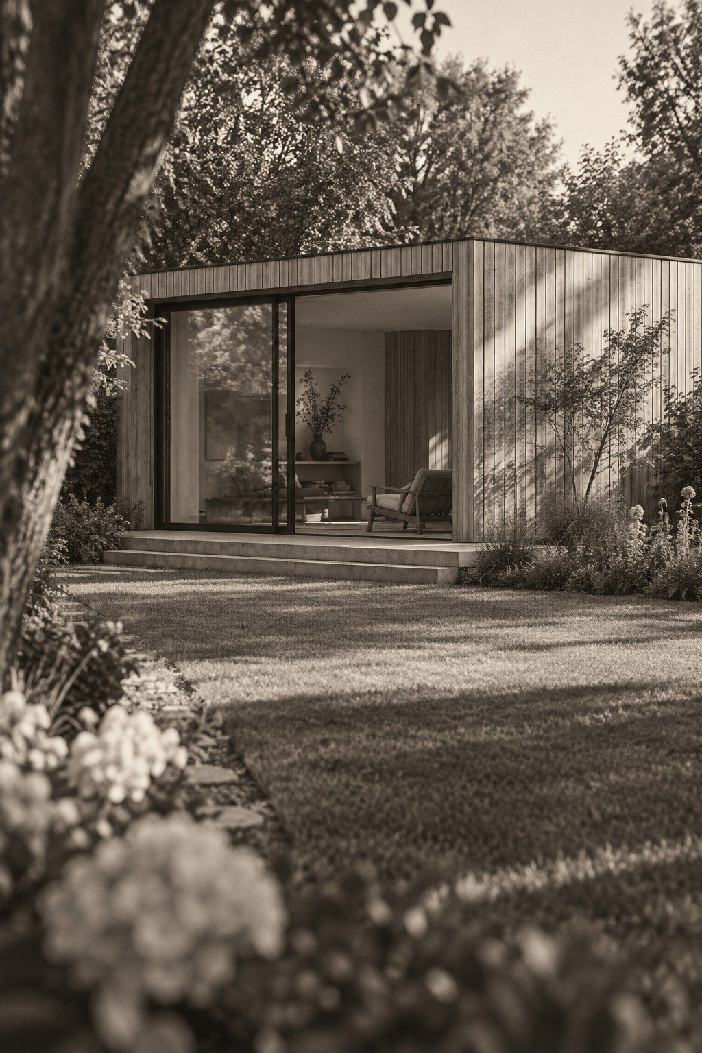 Studio de jardin contemporain en bardage bois vertical avec une grande baie vitrée, au bout d’une pelouse