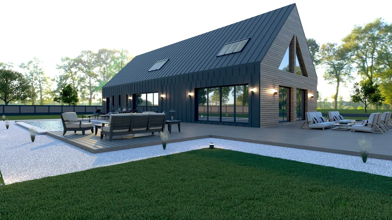 Rendu 3D : Maison LSF style grange avec piscine, 145 m², Grand Est