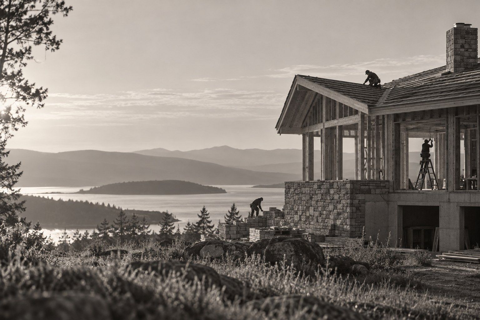Maison en construction vue de loin, plusieurs corps de métier au travail en même temps