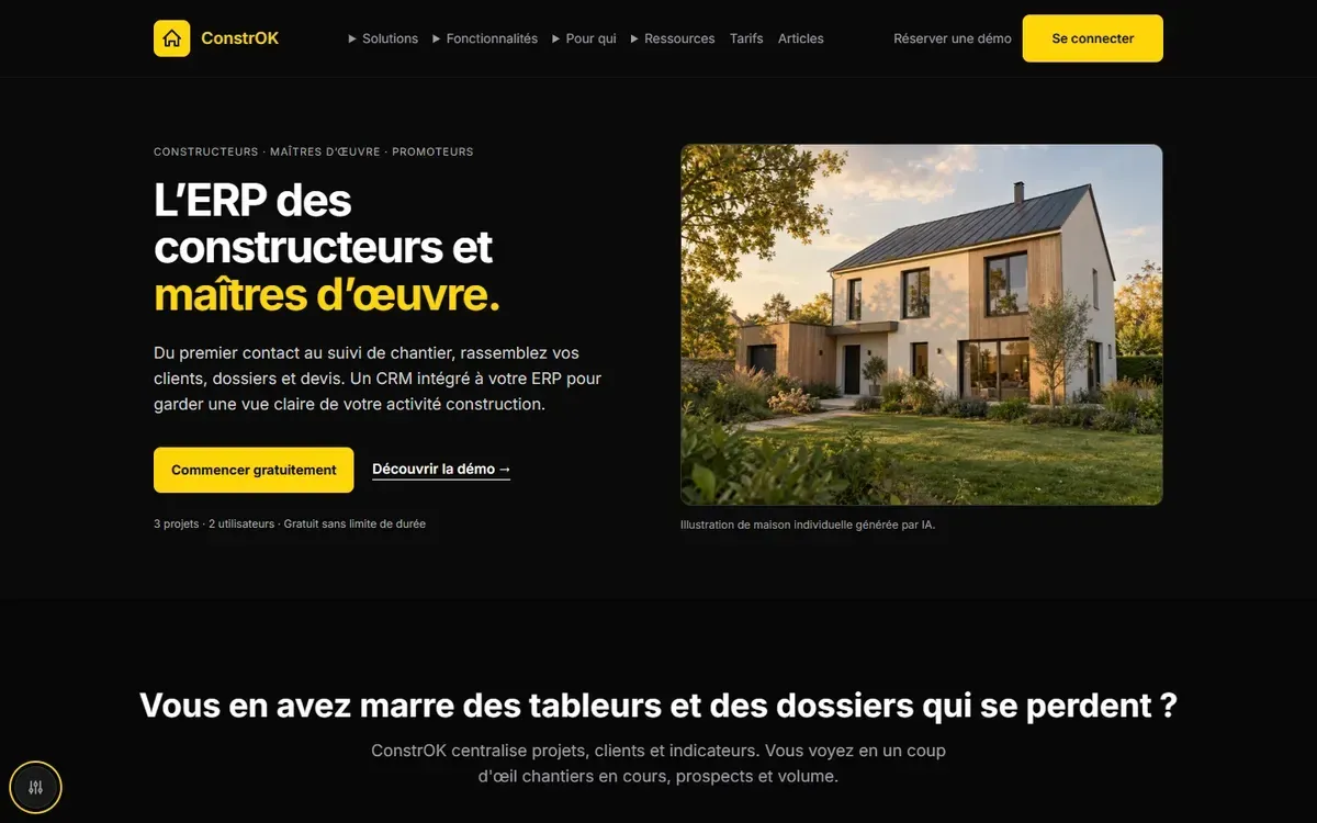 Capture du site : ConstrOK, l’ERP des constructeurs et maîtres d’œuvre