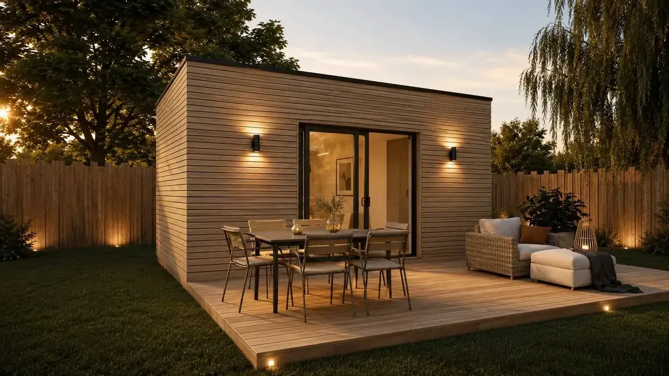 Rendu 3D : Studio de jardin à bardage bois clair et toit plat, Projet type