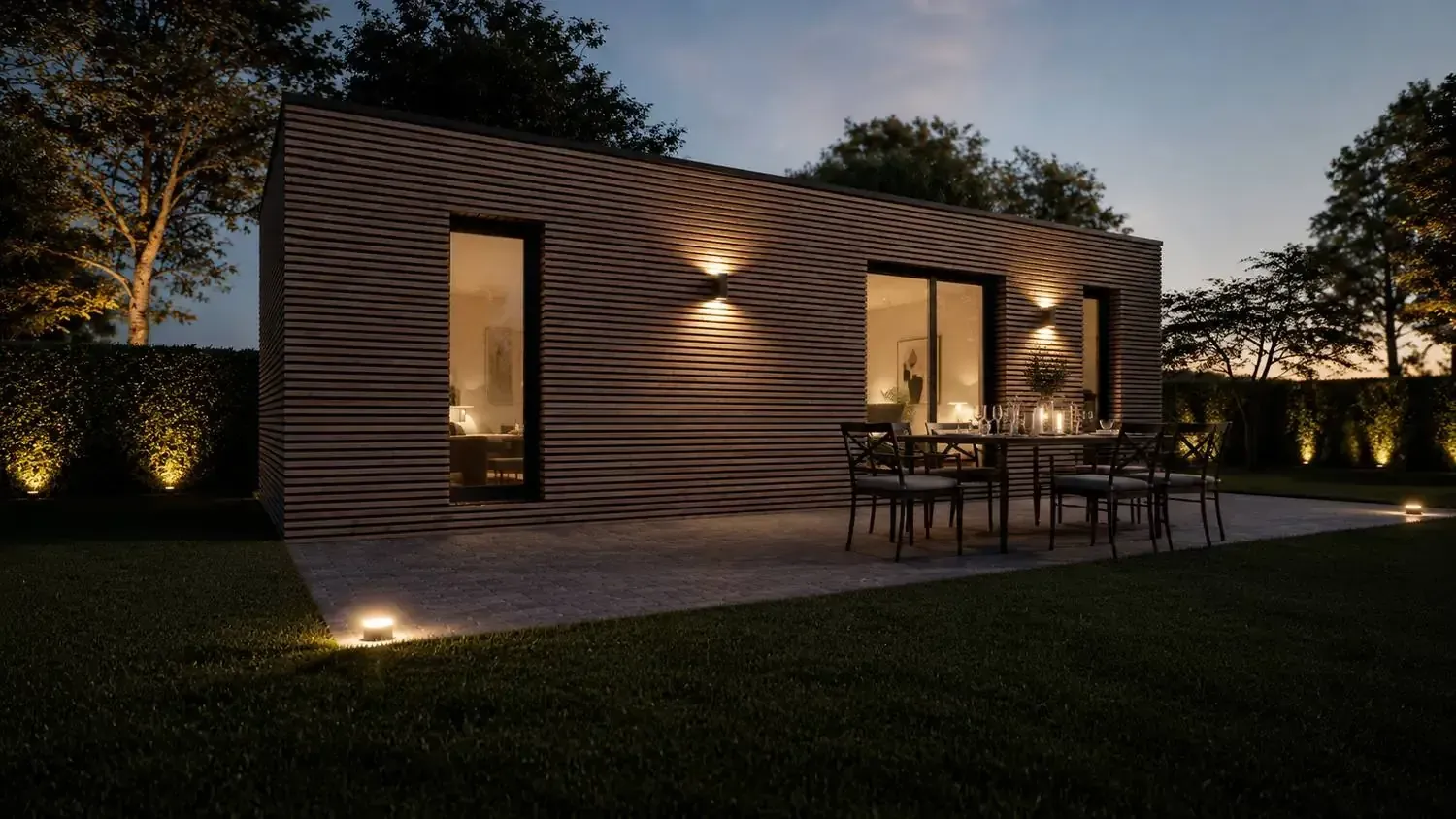 Rendu 3D : Studio de jardin à bardage bois à claire-voie, fenêtres toute hauteur, Projet type