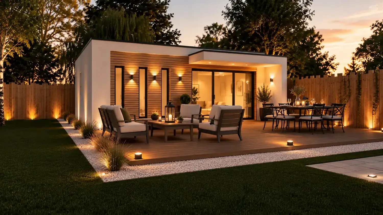 Rendu 3D : Studio de jardin en enduit blanc et bardage bois, baies coulissantes, Projet type